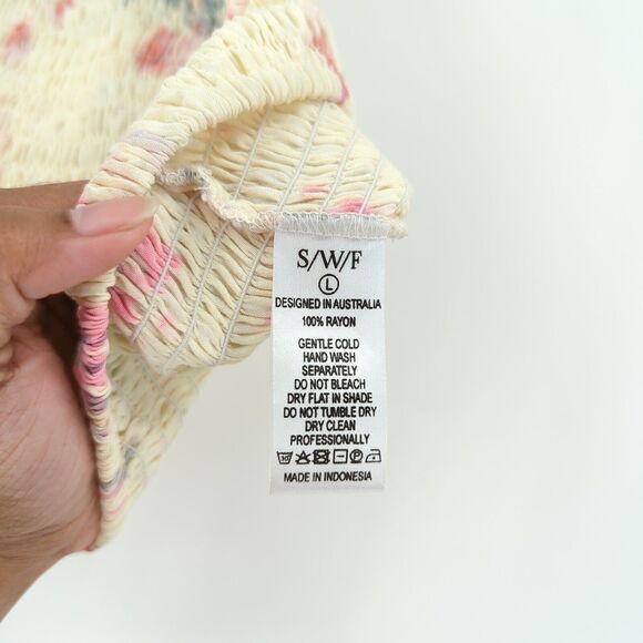 S/W/F SWF Women L Asymmetrical Crop Top Yellow Tie Dye Smocked One Shoulder NEW - Picture 4 of 4